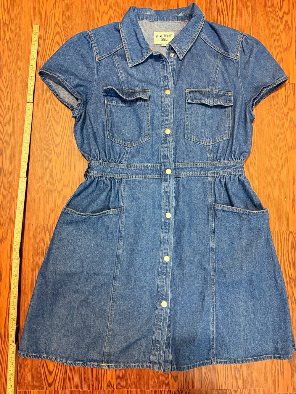 Velvet Heart Blue Denim Button-Front Shirt Dress Pockets Short Sleeve Size L